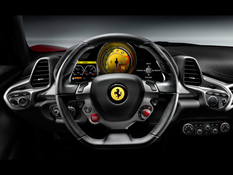 Ferrari Car Interior — Black, Dramatic, Photograph, Steering Wheel, Dashboard, Instrument Cluster, Yellow