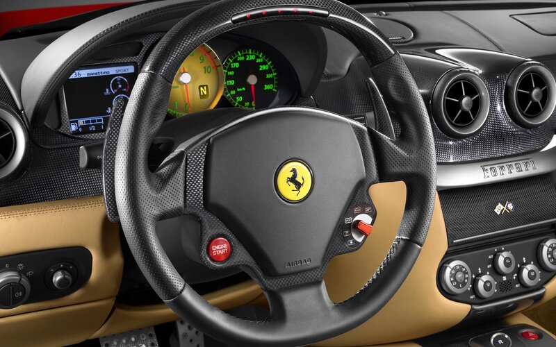 Ferrari Car Interior — Black, Sleek, Photograph, Steering Wheel, Dashboard, Instrument Cluster, Tan