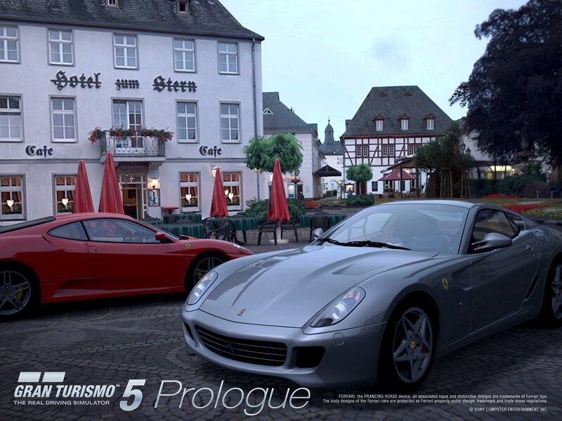 Ferrari cars in a European town