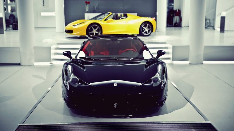 Ferrari cars in showroom