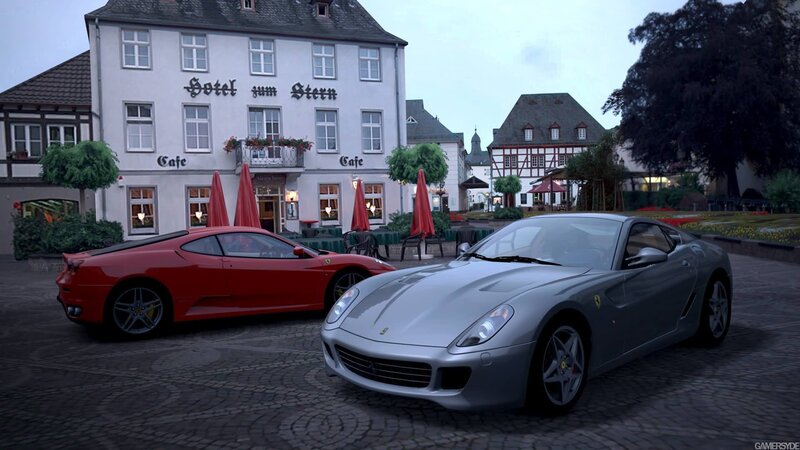 Ferrari cars in town square