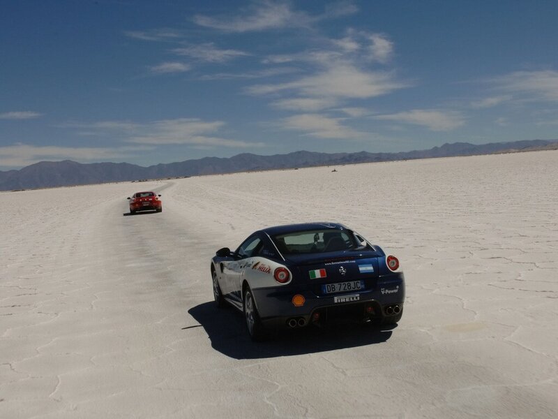 Ferrari cars on salt flat