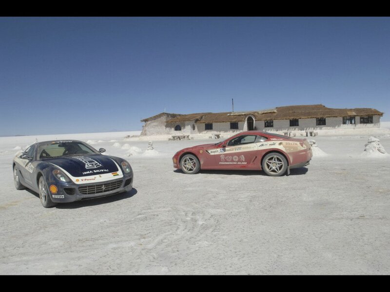 Ferrari cars on salt flats