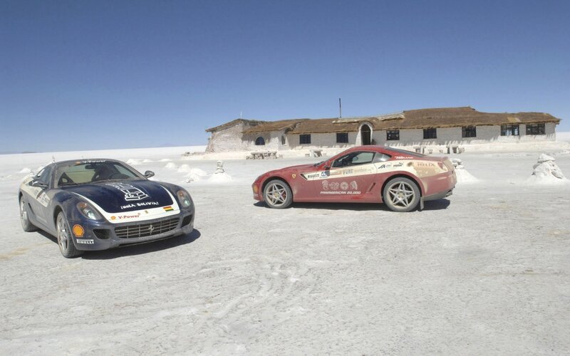 Ferrari cars on salt flats