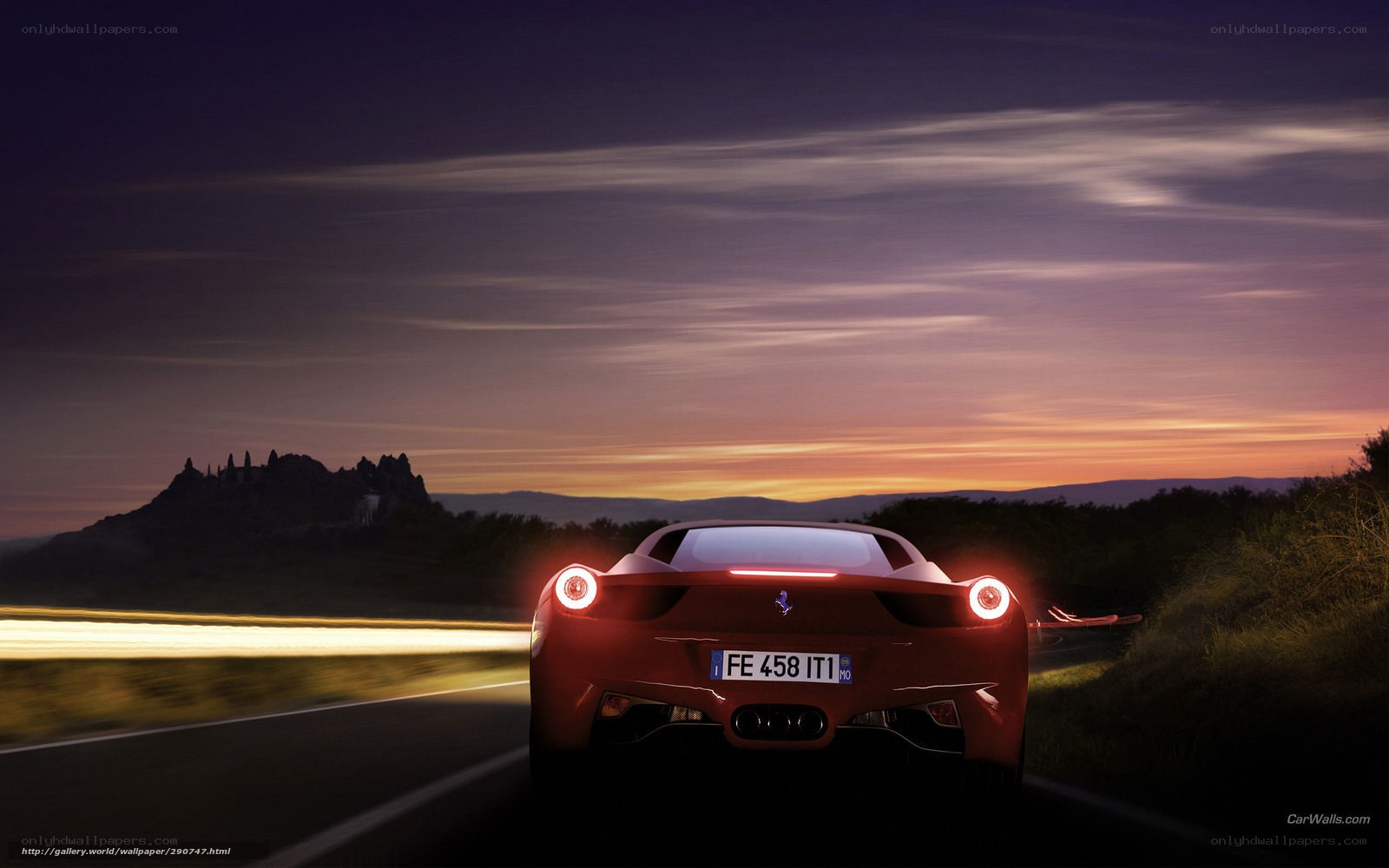 Ferrari driving at sunset