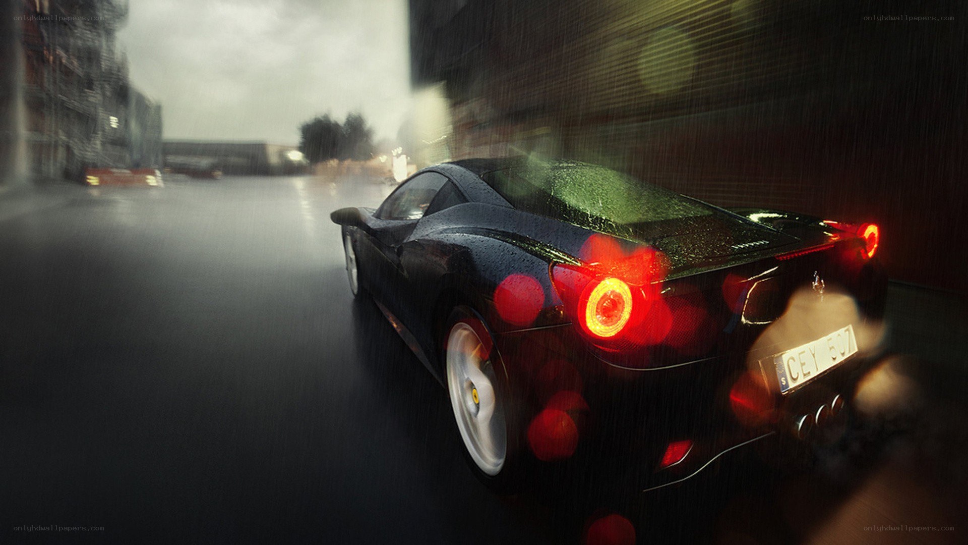 Ferrari driving in the rain