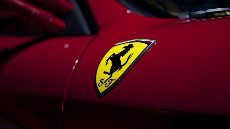 Ferrari Emblem on Car — Red, Dramatic, Photograph, Car Body, Logo