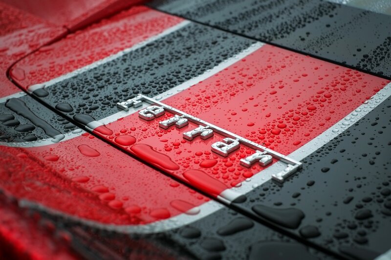 Ferrari Emblem on Car — Red, Dramatic, Photograph, Raindrops, Red Paint