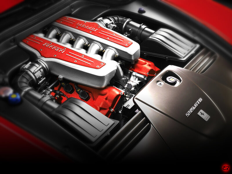 Ferrari Engine Bay — Red, Dramatic, Photograph, Hood