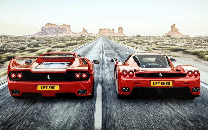 Ferrari F50 and Enzo on desert road