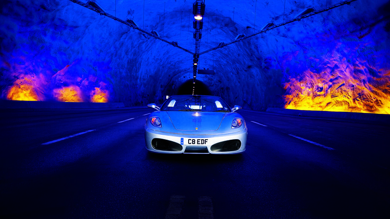 Ferrari in a blue-lit tunnel