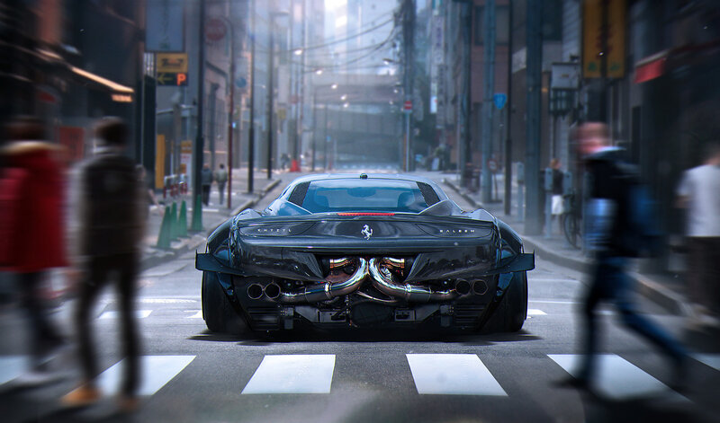 Ferrari in a city street