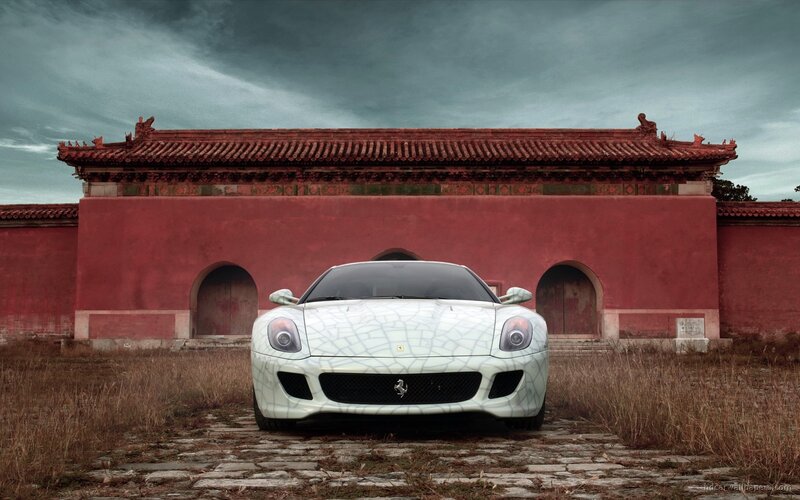 Ferrari in front of temple