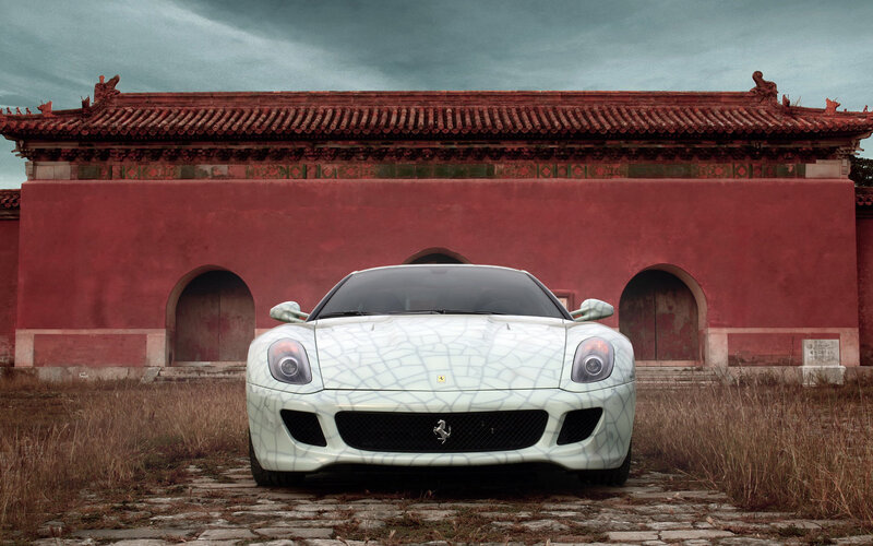 Ferrari in front of temple