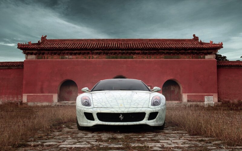 Ferrari in front of temple