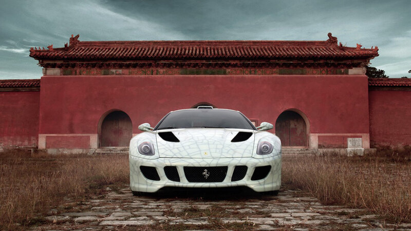 Ferrari in front of temple