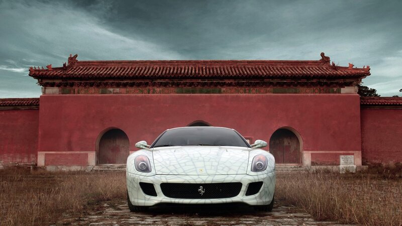 Ferrari in front of temple