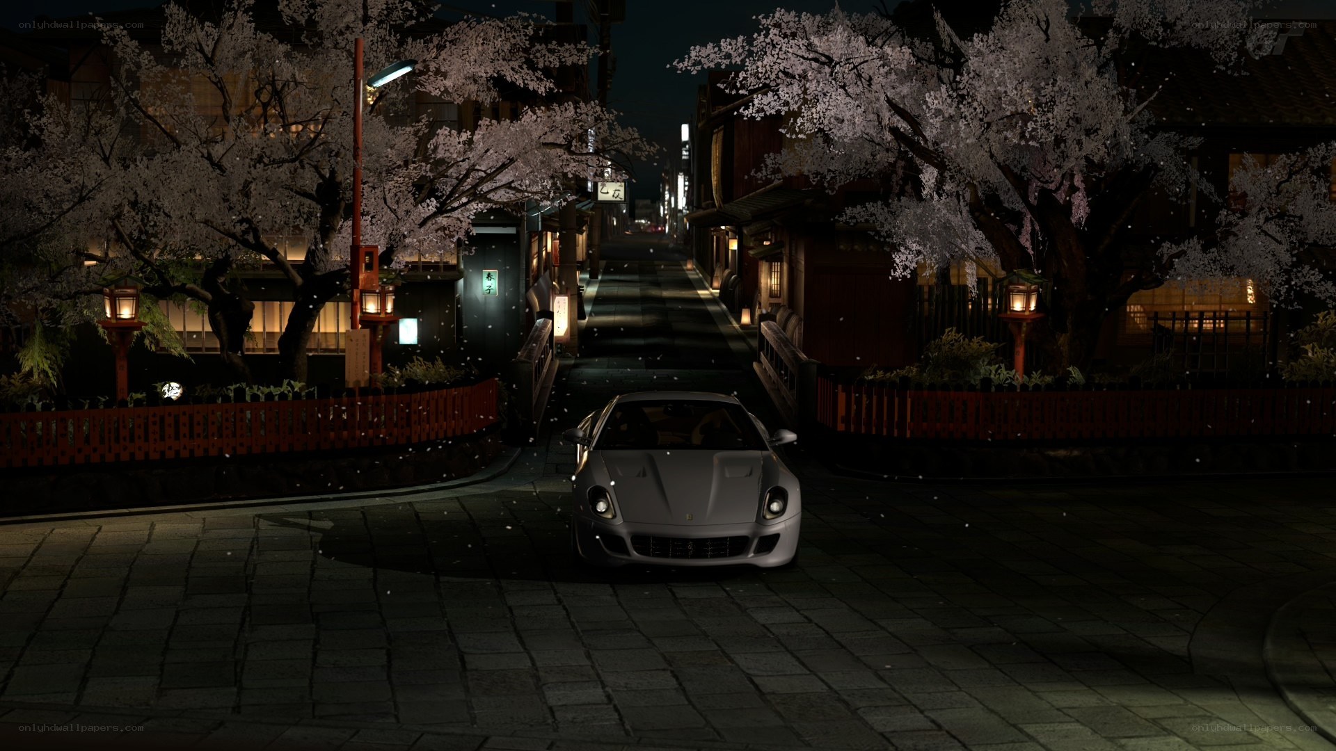 Ferrari on a cherry blossom street