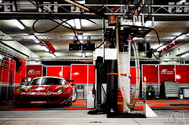 Ferrari race car in pit garage
