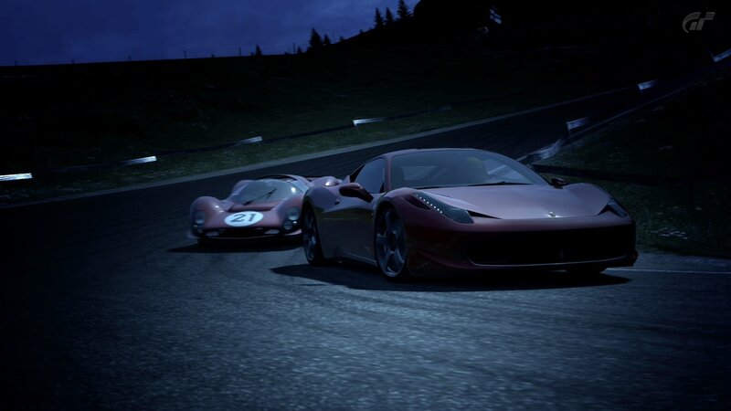 Ferrari race cars at night