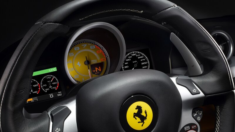 Ferrari Steering Wheel — Black, Dramatic, Photograph, Dashboard, Speedometer