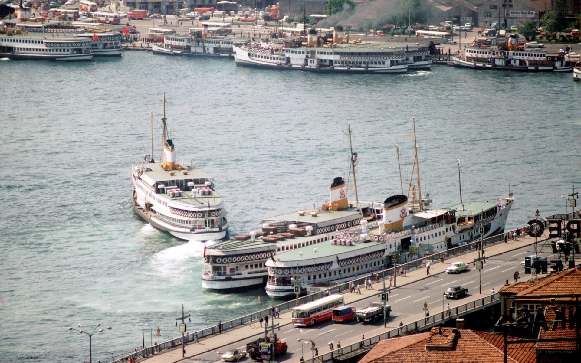 Ferries at a busy port
