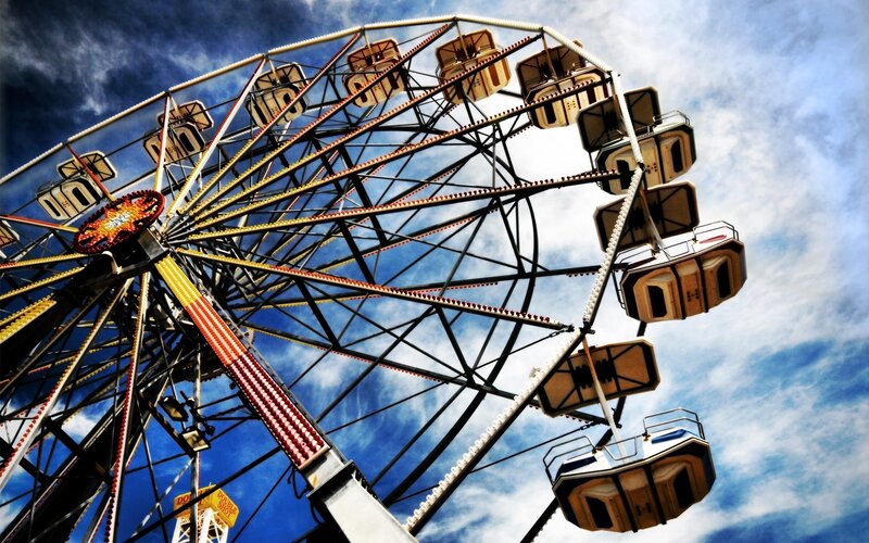 Ferris Wheel at Amusement Park — Blue, Dramatic, Afternoon