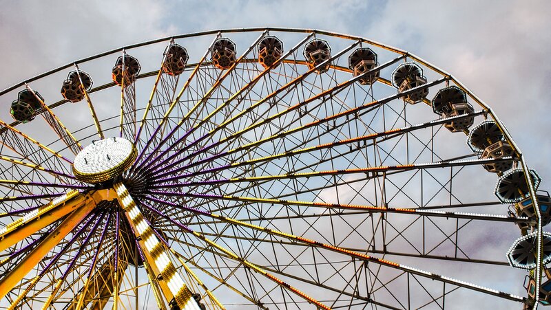 Ferris Wheel at Amusement Park — Yellow, Dramatic