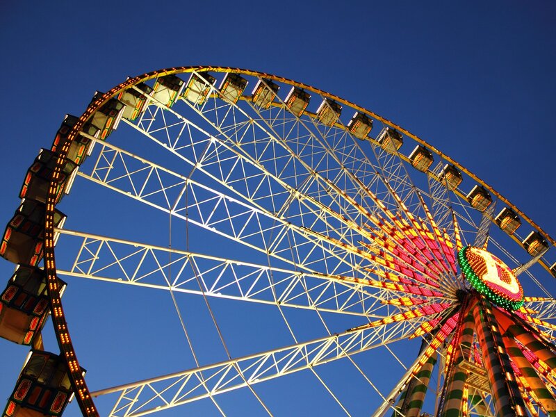 Ferris Wheel at Dusk — Blue, Dramatic, Night, Photograph, Cabin, Light