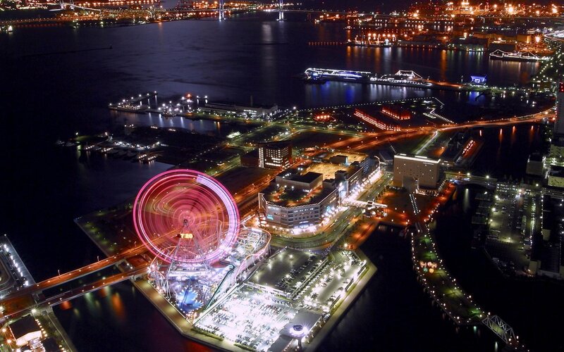 Ferris Wheel at Night — Black, Dramatic, Photograph, City, Harbor, Buildings