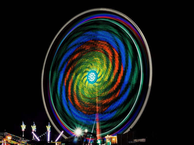 Ferris Wheel at Night — Black, Dramatic, Photograph