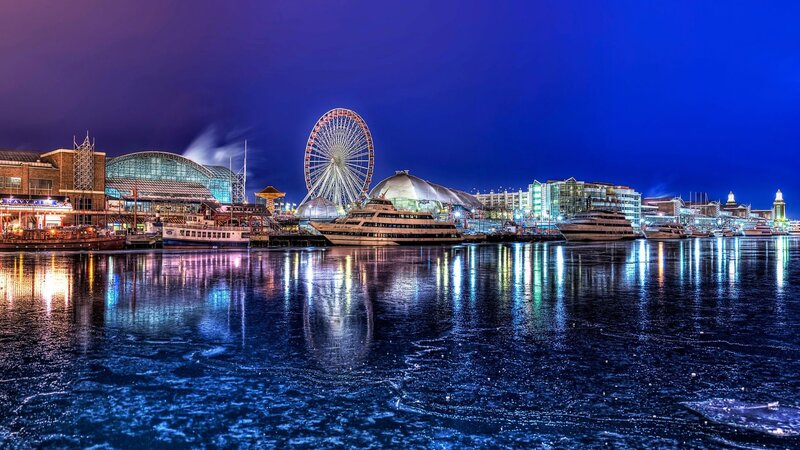 Ferris Wheel at Night — Blue, Dramatic, Photograph, Buildings