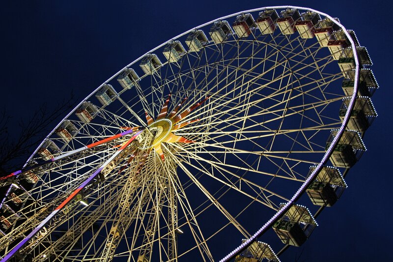 Ferris Wheel at Night — Blue, Dramatic, Photograph, Cabin, Light