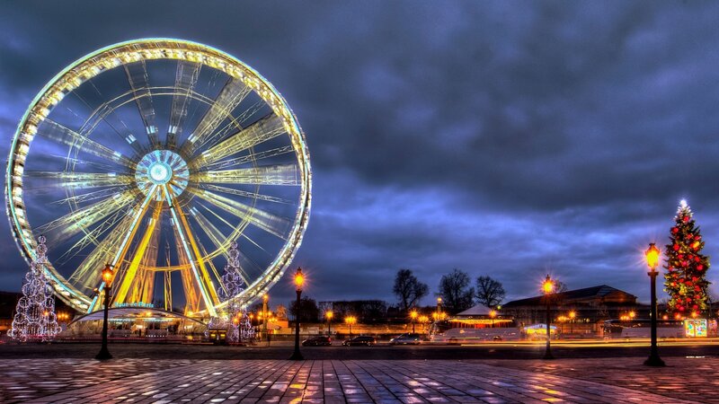 Ferris Wheel at Night — Blue, Dramatic, Photograph, Christmas Tree, Streetlights