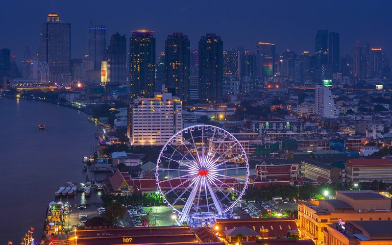 Ferris Wheel at Night — Blue, Dramatic, Photograph, City Skyline, River