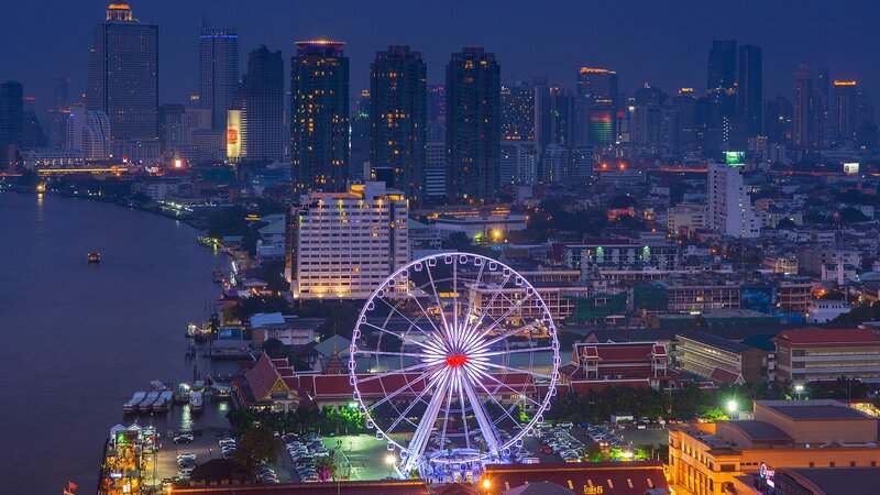 Ferris Wheel at Night — Blue, Dramatic, Photograph, City Skyline