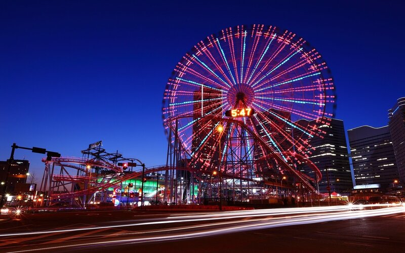 Ferris Wheel at Night — Blue, Dramatic, Photograph, Roller Coaster, Buildings