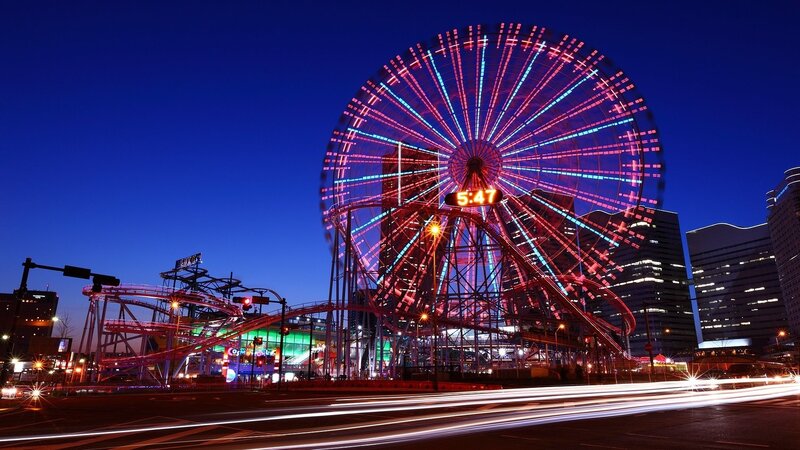 Ferris Wheel at Night — Blue, Dramatic, Photograph, Roller Coaster