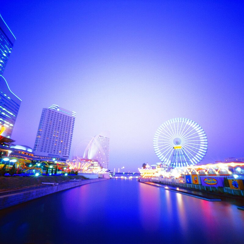 Ferris Wheel at Night — Blue, Serene, Photograph, Buildings