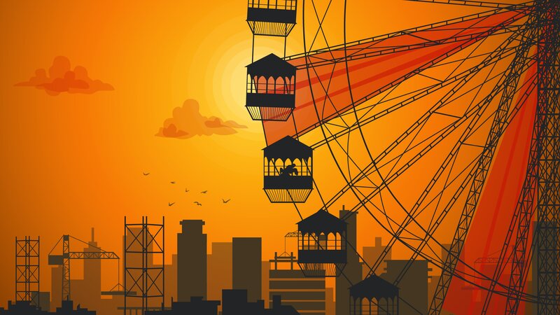 Ferris Wheel at Sunset — Orange, Dramatic, Vector Art