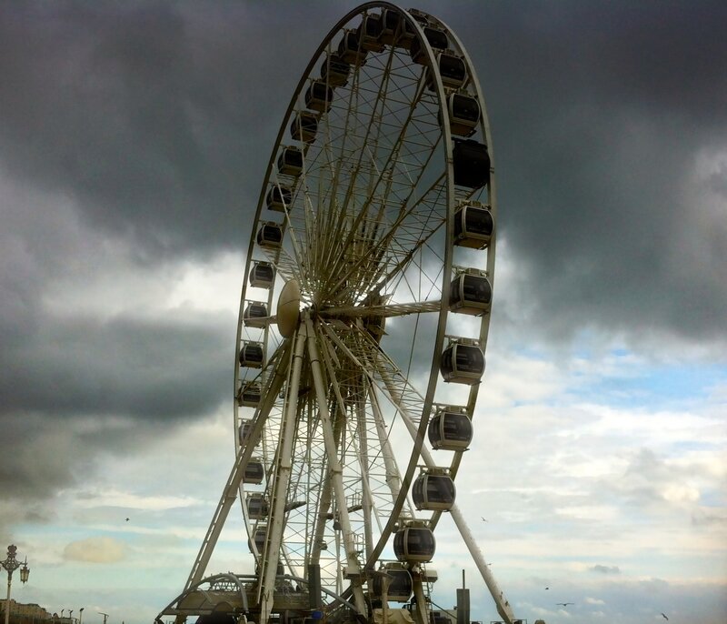 Ferris wheel under stormy sky