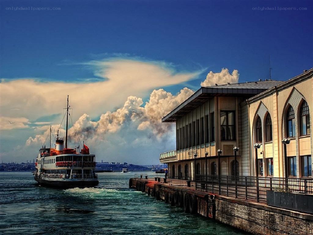 Ferry at a waterfront pier
