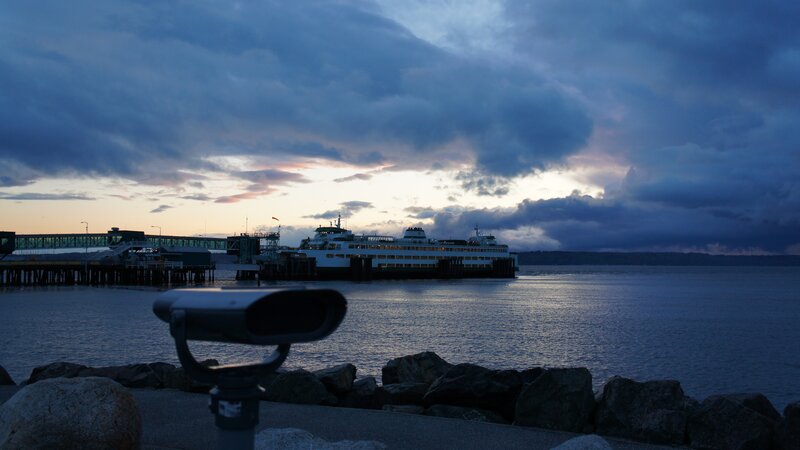 Ferry at dusk by the water