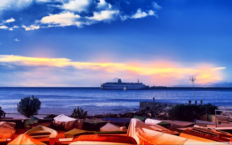 Ferry at Sunset — Blue