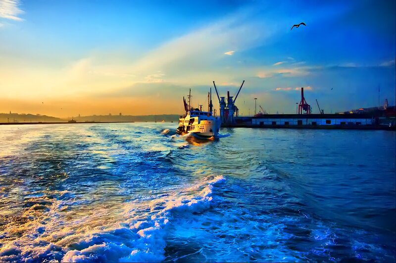Ferry at sunset in a harbor