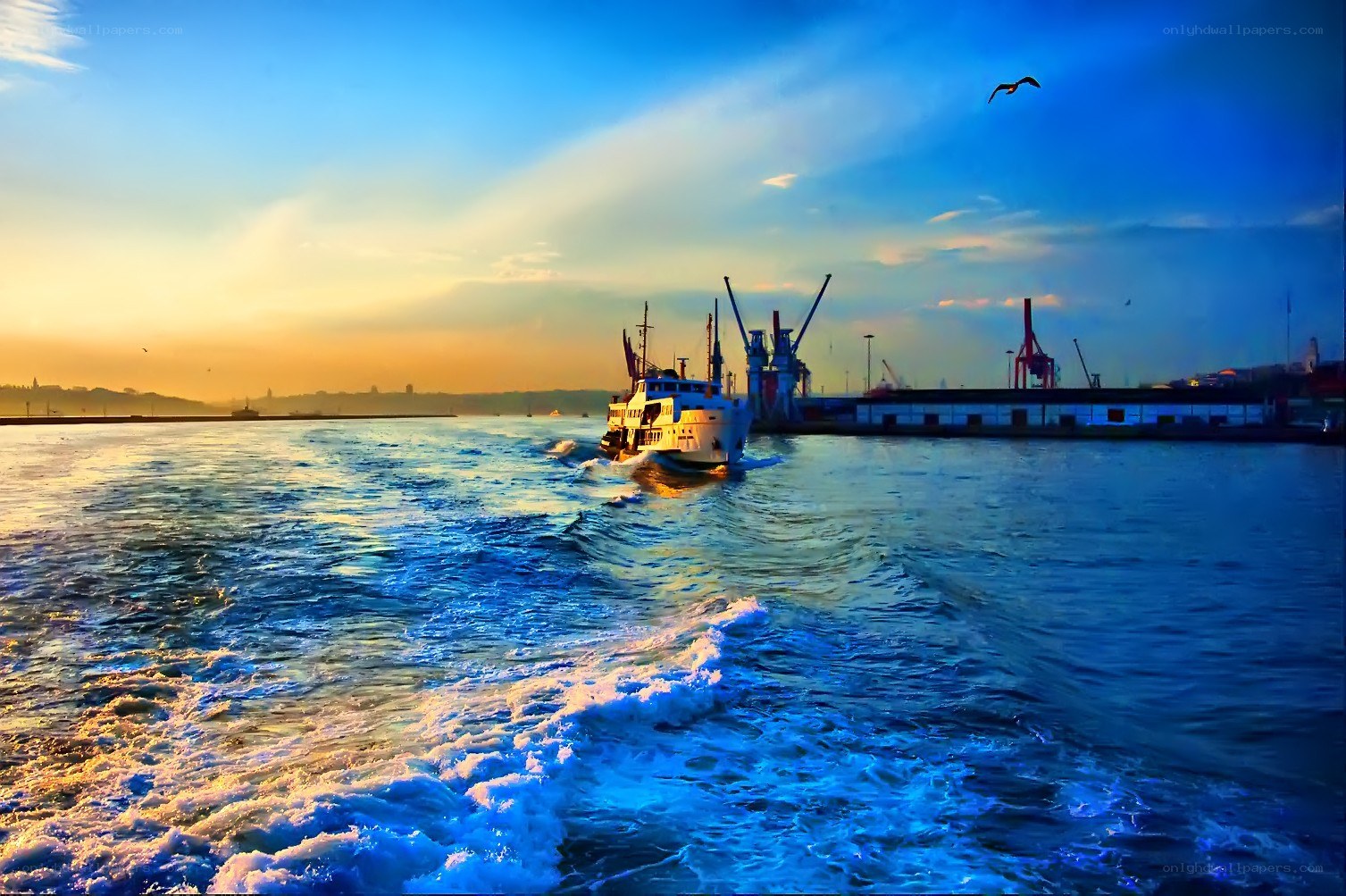 Ferry at sunset in a harbor