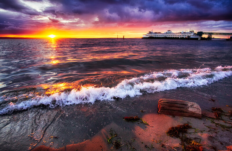 Ferry at Sunset — Orange, Dramatic