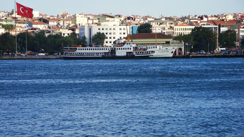 Ferry Boat at Dock — Blue