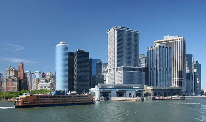 Ferry Boat in Harbor — Blue