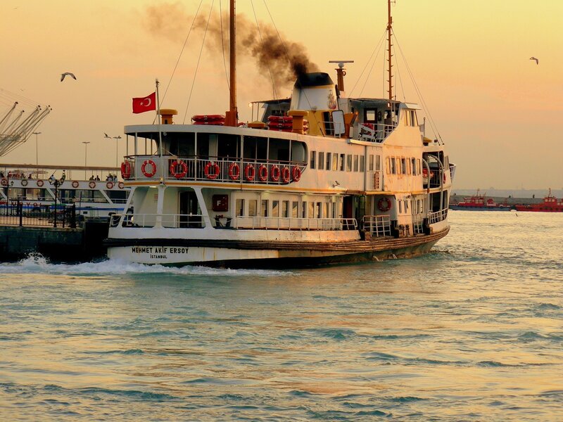 Ferry Boat in Harbor — White
